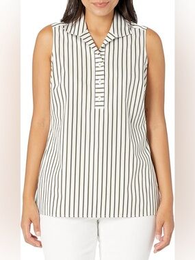 FOXCROFT Women’s 100% Cotton Sleeveless Non Iron Olive Stripe Button Top EUC 12